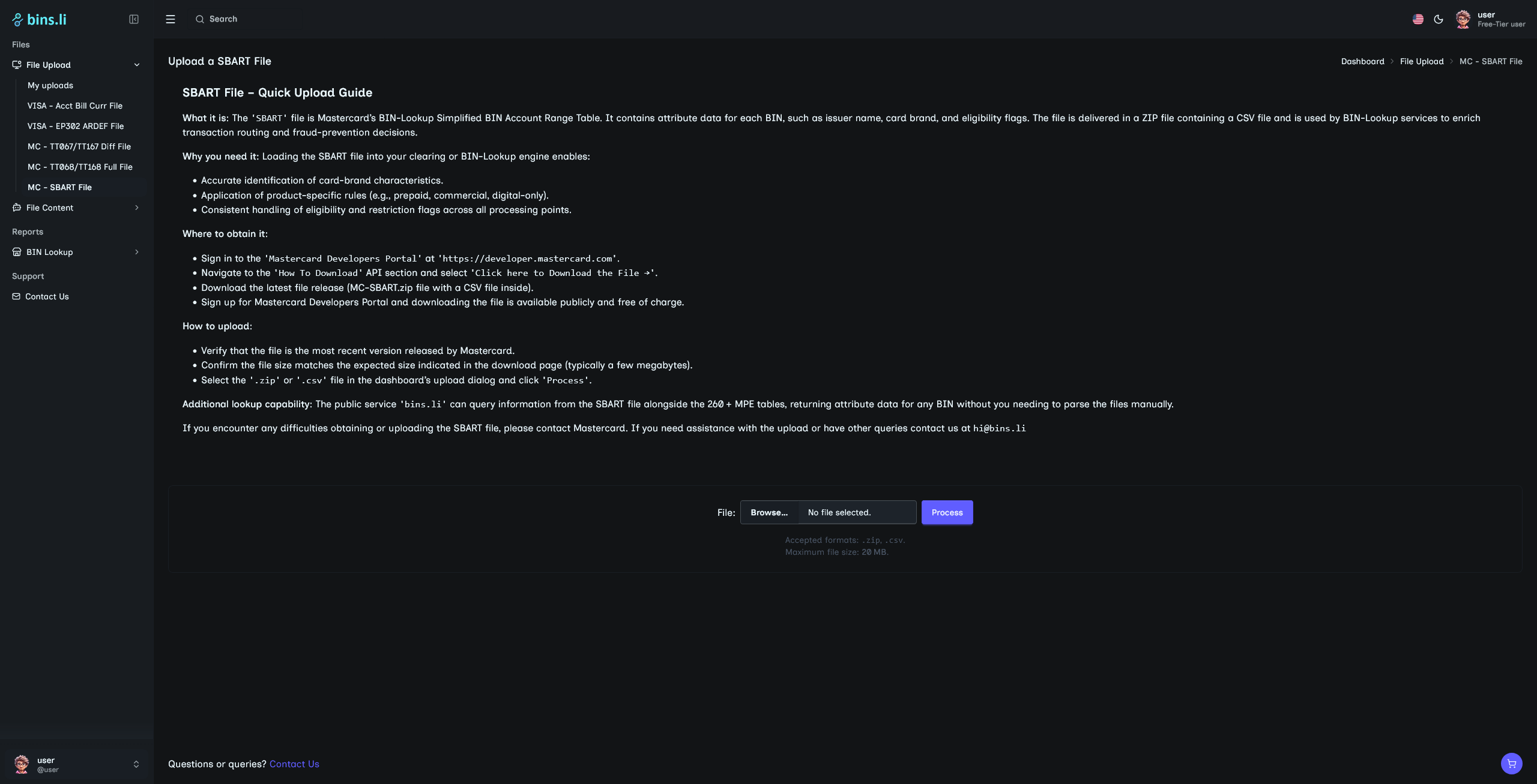 Screenshot of the 'SBART Upload' section