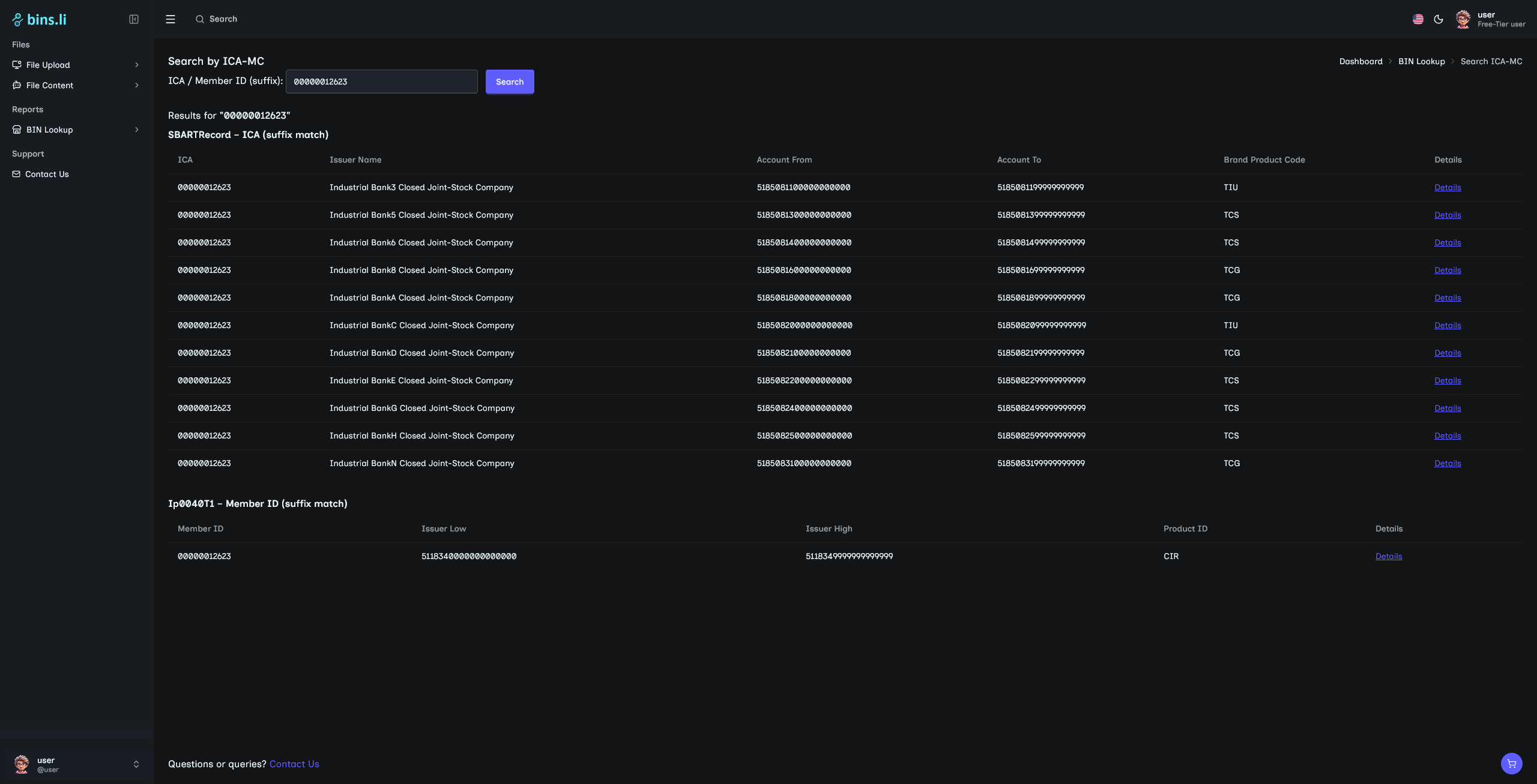 Screenshot of the 'Search ICA' section